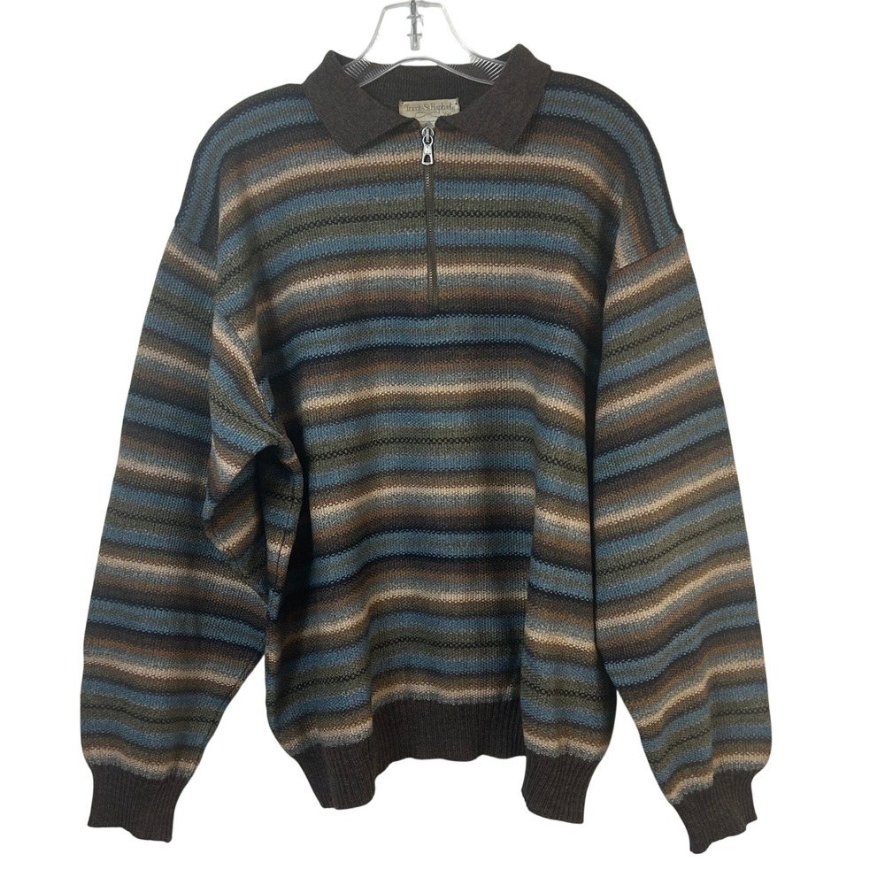 Tricots St Raphael Merino Wool Quarter Zip Striped Sweater Mens XL Brown Blue